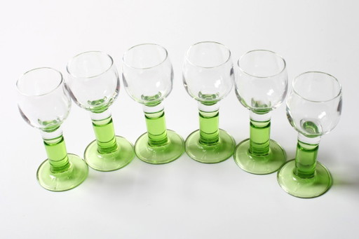 Juego de 6 vasos de licor Limoncino vintage / Vasos de chupito con tallo verde Bormioli / Italia / década de 1970