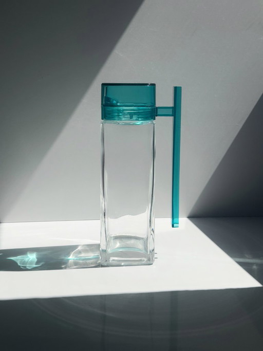 Vintage Bormioli Rocco Glazen Karaf met Turkooizen Deksel & Handvat, Italië jaren 80/90 – glazen karaffen, Plastic, Glass