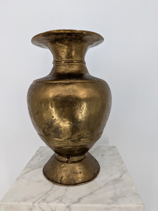 Large Vintage Brass Decorative Vase – Brutalist / Hollywood Regency – Heavy Statement Piece
