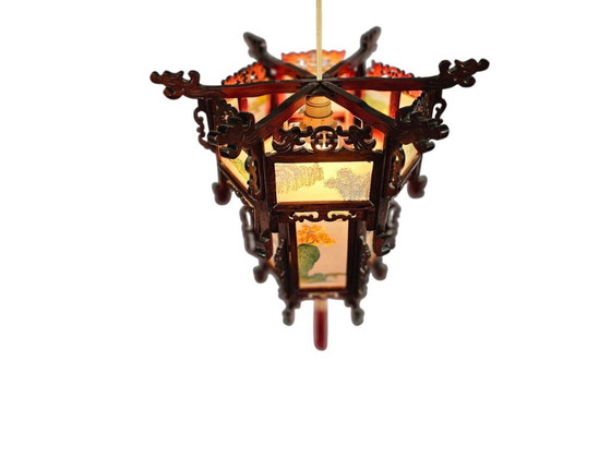 Image 1 of Chinesischer Laternenleuchter – Rosenholz – verziertes Glas – 2. Hälfte des 20. Jahrhunderts