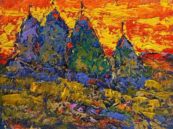 Image 1 of Original Oil Painting Sunset Field Landscape Crimson sunset in the field