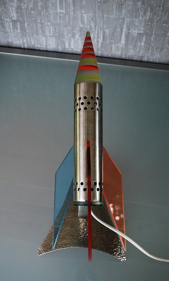 Image 1 of Rocket lamp, Red Yellow Blue made of stainless steel 1970s Space age, handmade