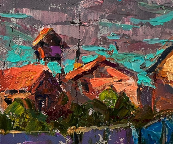 Image 1 of Original Oil Painting Rural Life Landscape On a Village Street