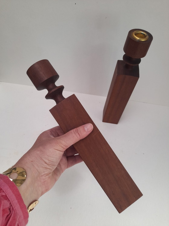 Image 1 of Paire de grands bougeoirs en teak danois 50s