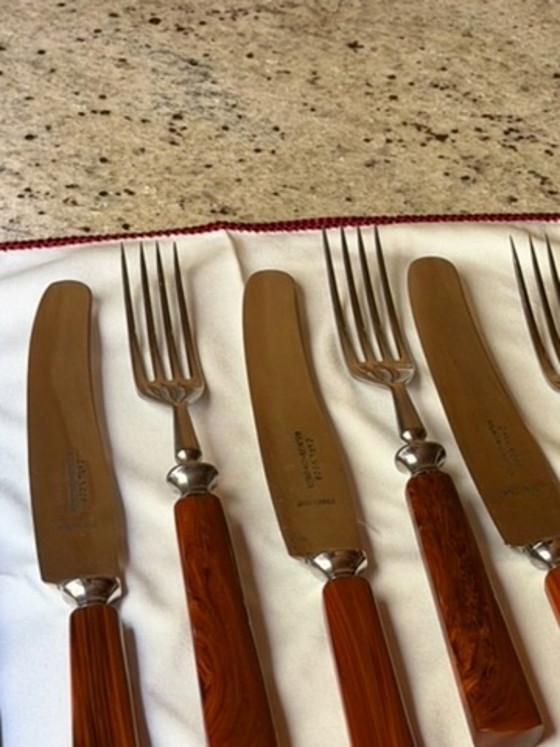 Vintage Carl Voos Solingen German Flatware Set - 12 Piece MCM Knife And Fork Set - Rostfrei Stainless Steel (photo 7 of 32)
