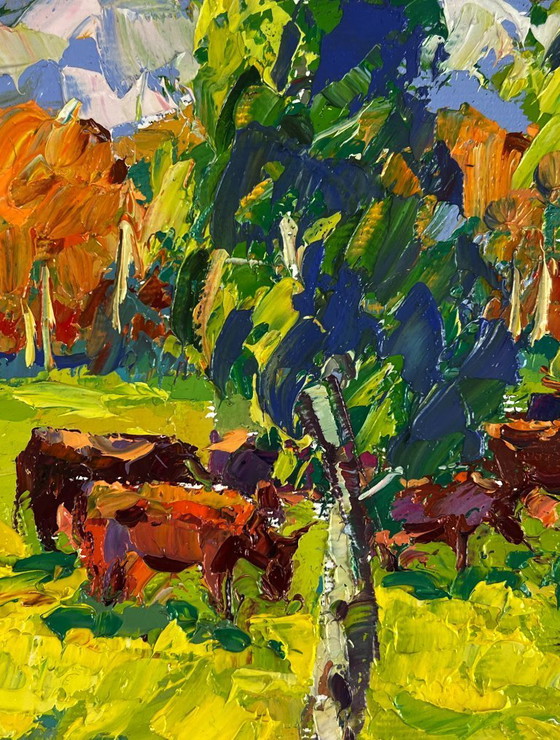 Image 1 of Original Oil Painting Nature Landscape Pasture Autumn Morning in the Meadows