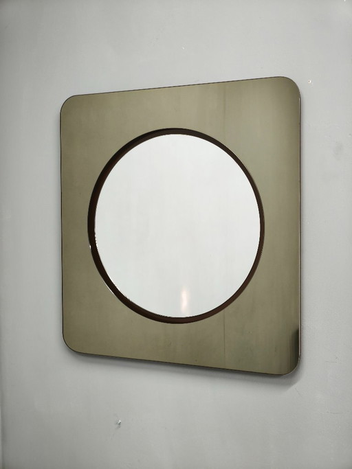 Miroir mural italien Space Age en verre fumé et circulaire des années 1970