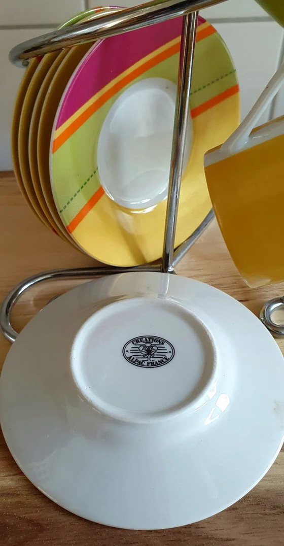 Image 1 of Bicchiere e piattino vintage colorato per 6 persone con appendino cromato