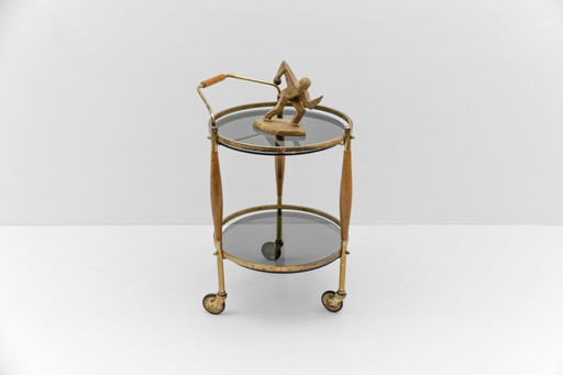 Carrello da portata Regency Mid-Century Modern in vetro fumé e legno, anni '60