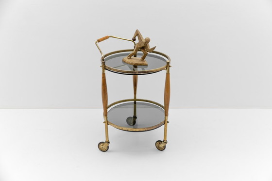 Image 1 of Carrito de servicio Regency de mediados de siglo en vidrio ahumado y madera, década de 1960