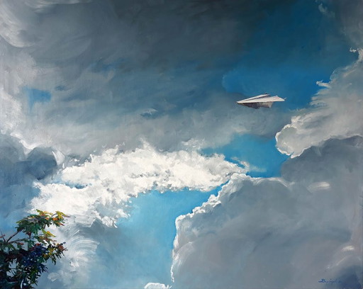 Original Oil Painting Modern Art Landscape Sky Clouds To A Meeting – schilderijen tekeningen, Canvas