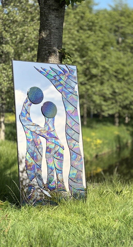 Specchio da toeletta a terra, opera d'arte realizzata a mano in vetro fumé e vetro ad olio a forma di palma