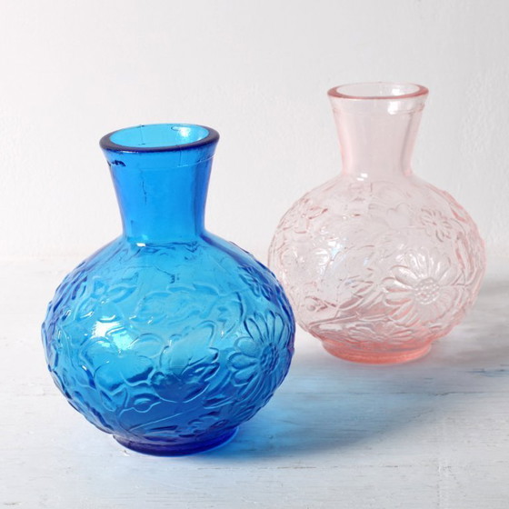 Image 1 of Set of 2 Vintage Pressed Glass Vases, Blue & Pink Floral Set, Italy 1960s