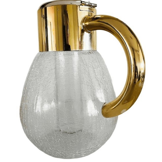 Image 1 of Vintage Kalte Ente glazen karaf waterkan craquelé glas verguld metaal 1970's