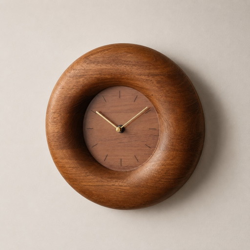 Vintage Sculptural Solid Teak Wall Clock – 1970s Mid-Century Modern Design Dänemark – klokken, Wood