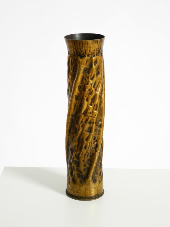 Image 1 of Unique large brass vase in a Brutalist design, handcrafted in December 1975