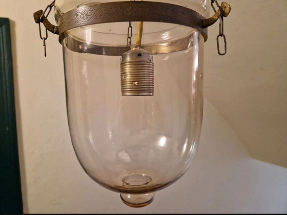 Plafonnier original, soufflé à la main, Inde, circa années 1930, Laiton, Verre, Transparent (photo 2 sur 5)