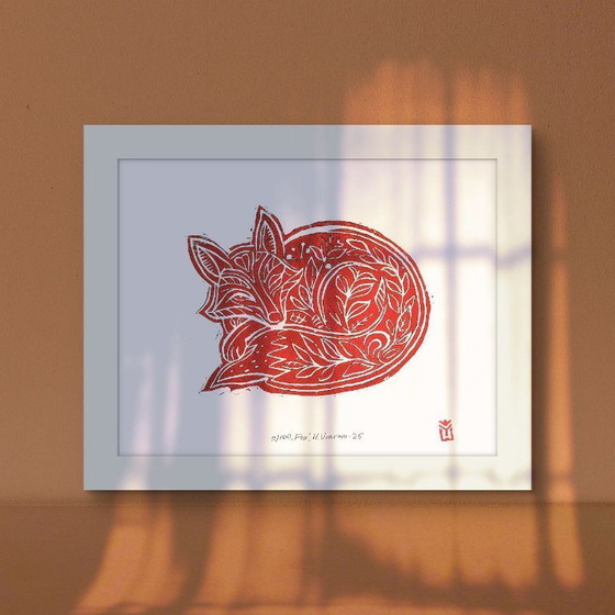 Image 1 of Slapende vos Linosnede Print: Terracotta dieren in het wild, A3