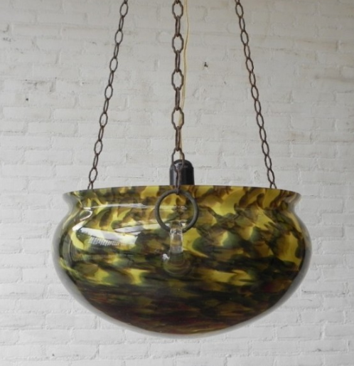 Lampada a sospensione vintage con grande ciotola di vetro con catene