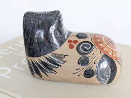 Statuetta vintage di gatto in ceramica Tonalá, Messico, dipinta a mano, arte popolare nei colori ocra e nero. (photo 4 of 15)