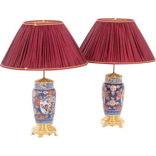 Pair of vintage lamps in Imari porcelain and gilded bronze decorated with flowers, France 1880