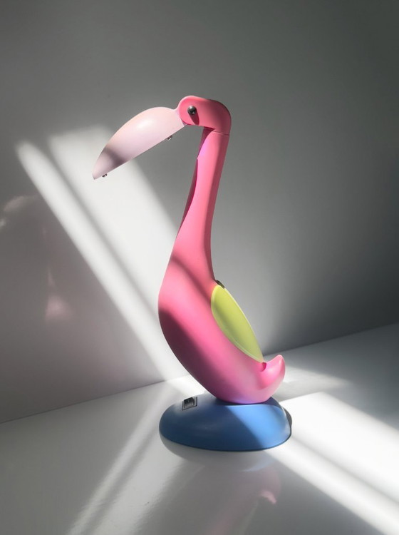 Image 1 of Flamingo table lamp, 80s postmodern, toucan lamp, Memphis Milano, 1980s pink pop art, Miami Vice, Art Deco Revival