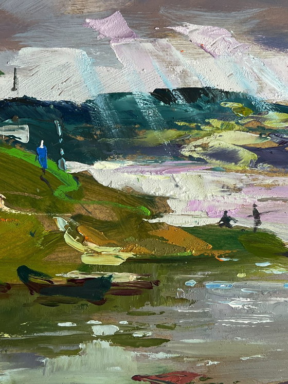 Image 1 of Origineel olieverfschilderij: Landelijk landschap, natuur, een rivier nabij het dorp.