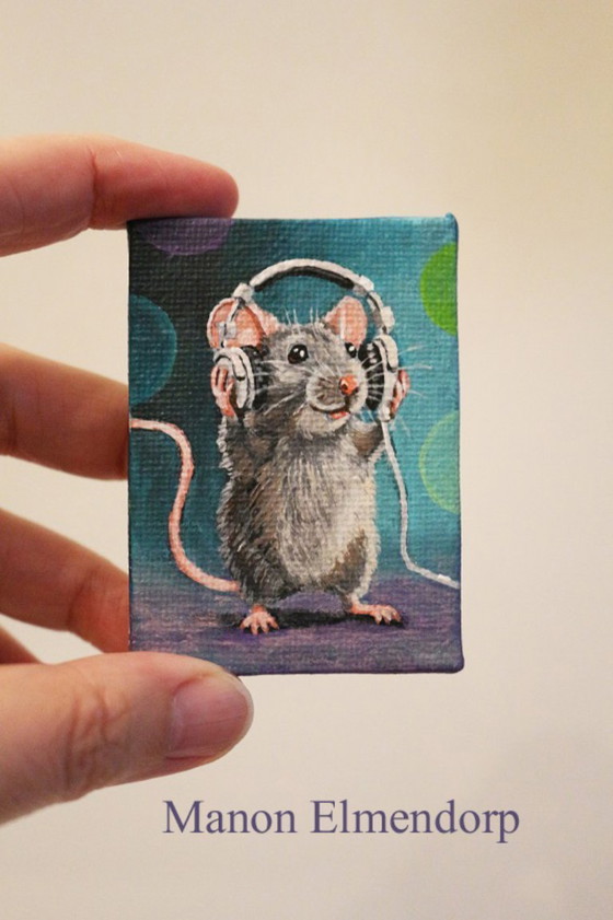 Image 1 of Unique Hand-Painted Small Mouse with Headphones