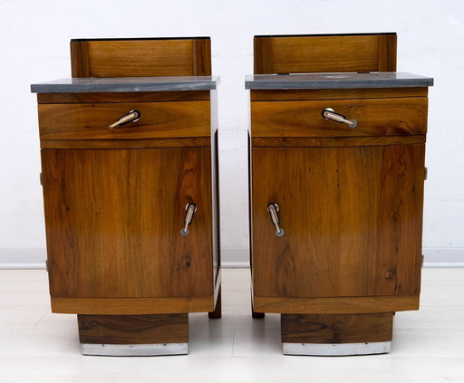Pair of Art Dèco Italian Walnut and Grafite Gray Marble Bedside Tables, 1920s