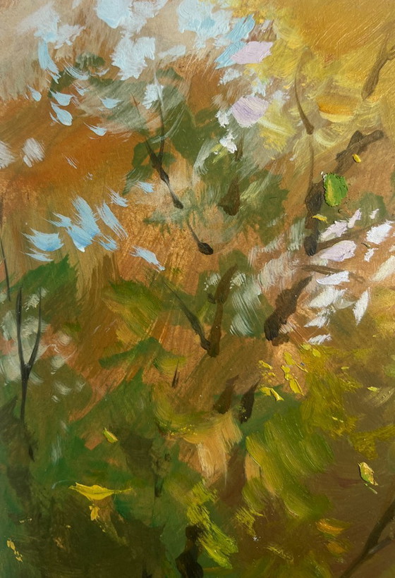 Image 1 of Peinture à l'huile originale, paysage urbain d'automne. Promenade dans un parc urbain en automne.