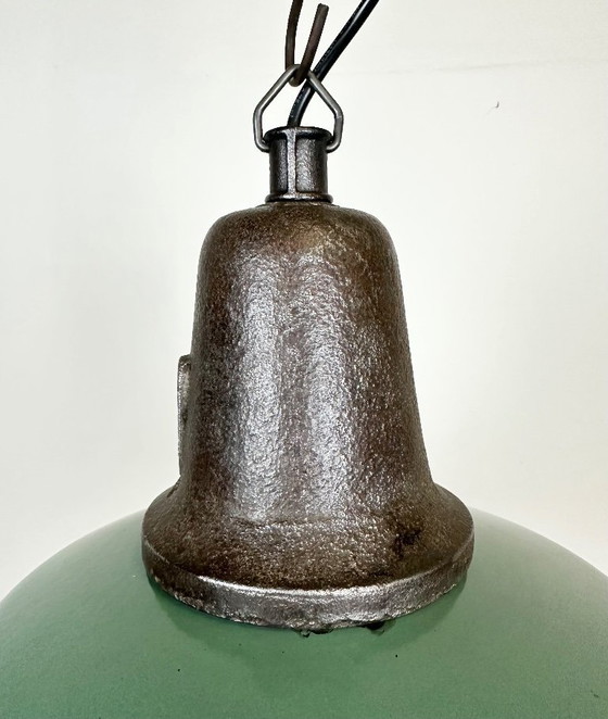 Image 1 of Industrial Green Enamel Factory Lamp with Cast Iron Top, 1960s