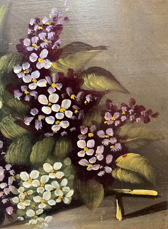 Image 1 of French Floral Oil Painting on Solid Wood Panel with Original Carved Frame, c. 1950