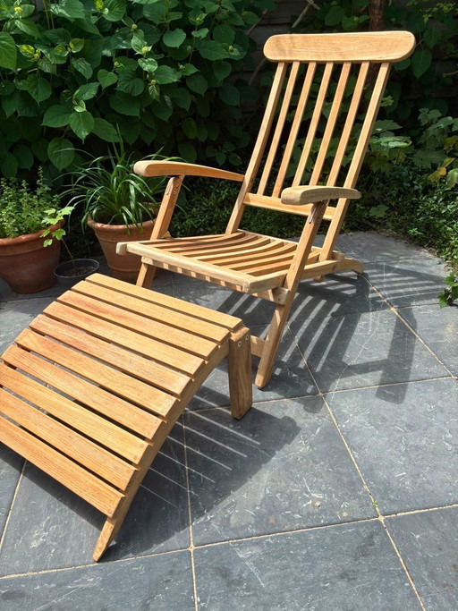 Royale massief teakhouten lounge chair met voetenbank, Engelse chique