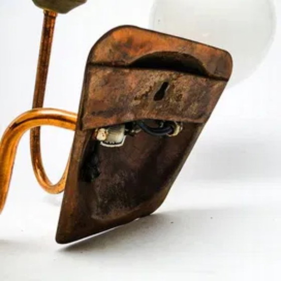 Dreiarmige Wandleuchte aus poliertem Kupfer, 1970er Jahre, Wandleuchten, Glas, Messing, Braun (Foto 3 von 7)