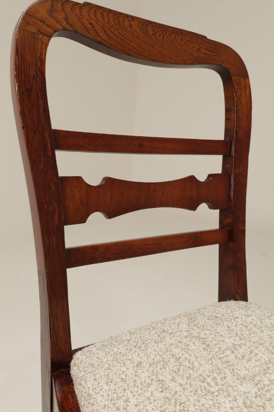 Image 1 of Art deco antieke eetkamerstoel eiken hout sneeuwvlokken stof 1950