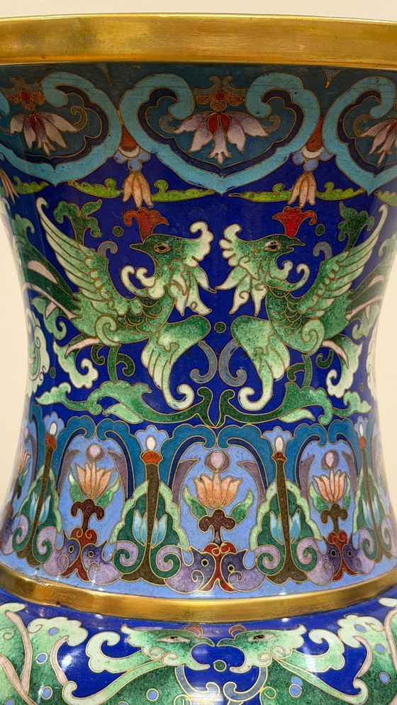 Image 1 of Monumental Chinese Cloisonné Vase - 84 cm With Base - Jingtai Blue Enamel - Impeccable