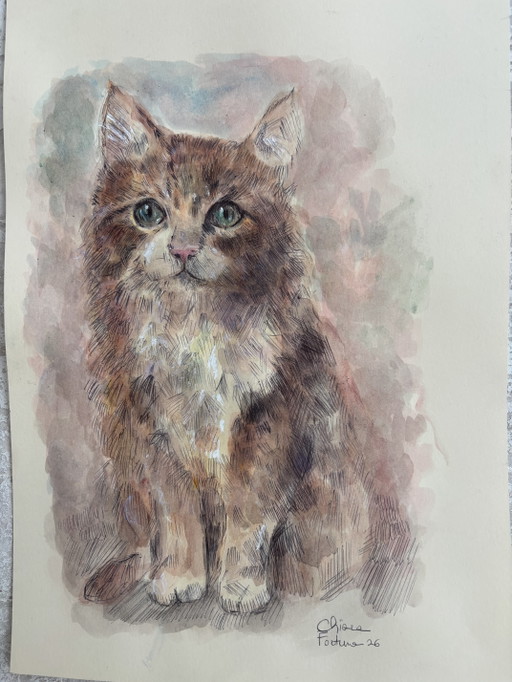 Watercolor Mixed Media Cat Drawing – schilderijen tekeningen, Paper