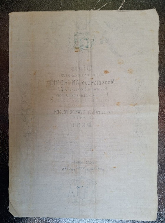 Image 1 of Rare 1871 Silk Menu Antwerp Belgium – Monseigneur Anthonis Jubilee Banquet