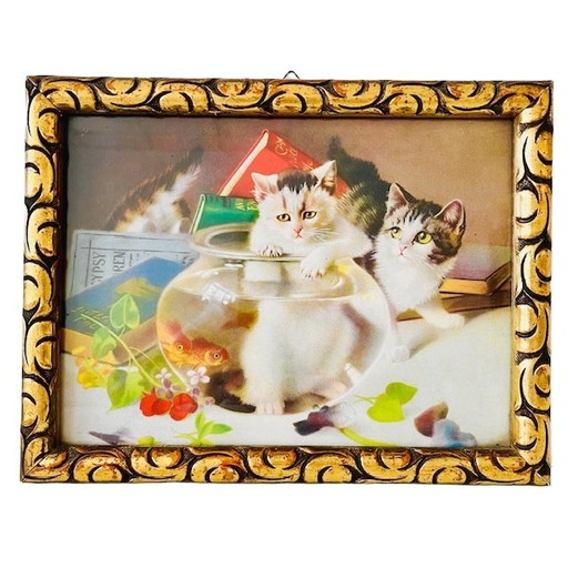 Antique chromolithographs playing kittens paintings