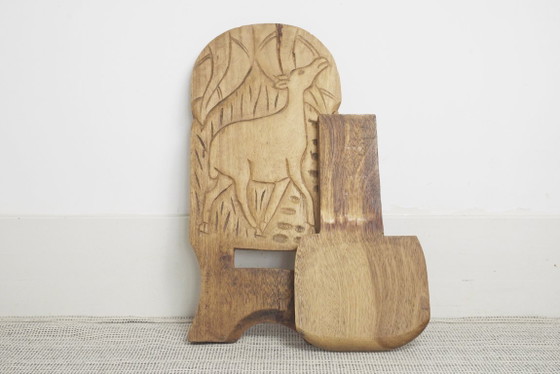 Carved African Hardwood Palaver Chair Low Collapsible Chair Folk Art Deer Carving Vintage Rustic Wooden (photo 10 of 12)
