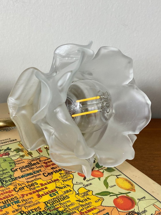 Image 1 of Aplique de pared de cuello de cisne de latón con tulipa de pétalos de rosa de pasta de vidrio