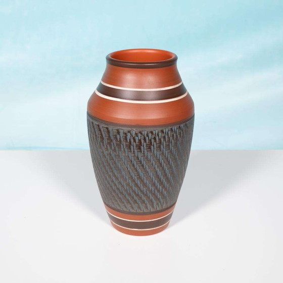 Image 1 of Vintage handmade Wekara vase, terra petrol ceramic vase