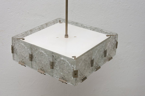 Image 1 of Mid Century Pendant Lamp Glass & Chromed Steel Kamenický Šenov 1970s Czechoslovakia