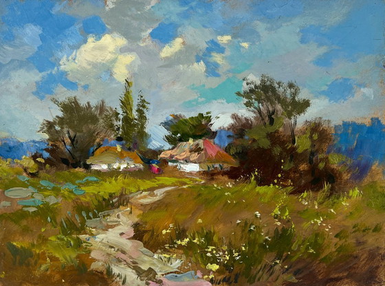 Image 1 of Original Oil Painting Summer House Landscape Village on a hill