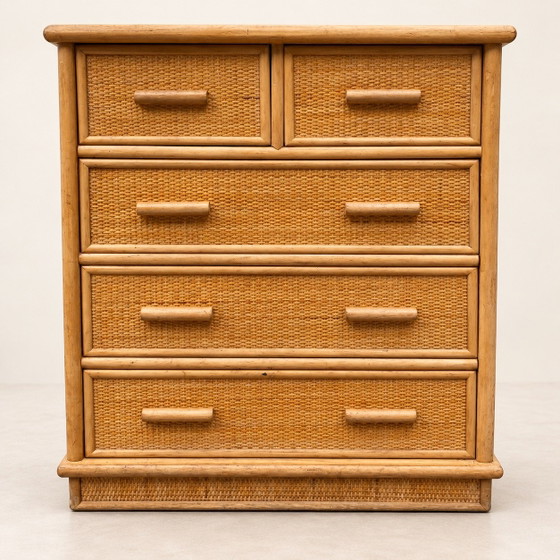 Vintage Woven Rattan Cane Chest of Drawers with Five Drawers - Bohemian Style, Brown (photo 2 of 9)