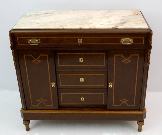 Image 1 of Comodini e cassettiera Liberty in radica di tuia italiana e marmo rosa del Portogallo