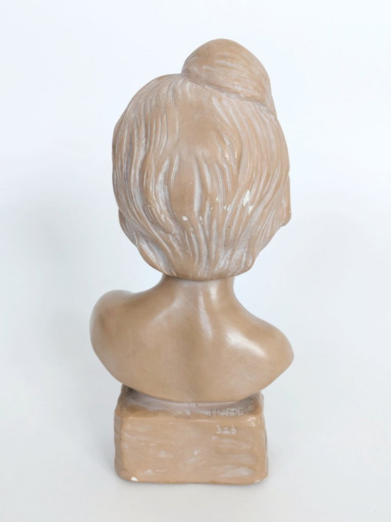 Image 1 of Vintage Young Girl Bust on Pedestal, After Salvatore Melani, Glazed Plaster Terracotta Patina, Signed