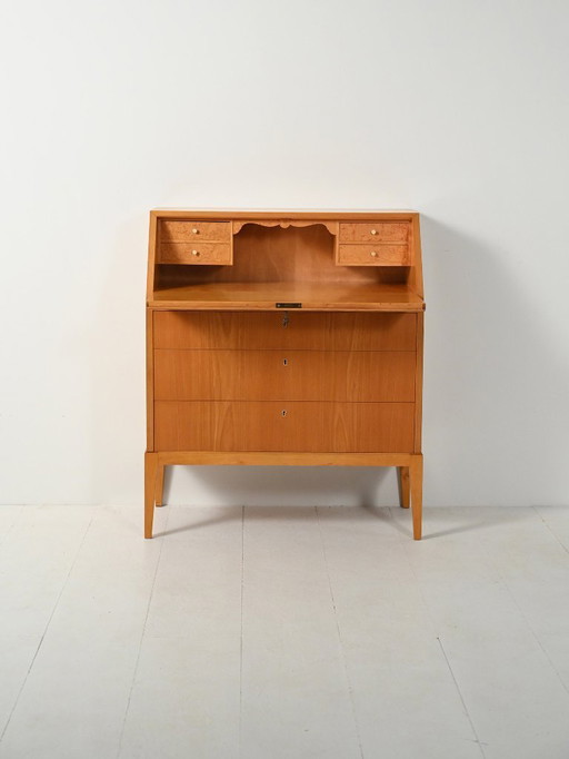 Secretaire scandinavo in olmo e radica, anni '50