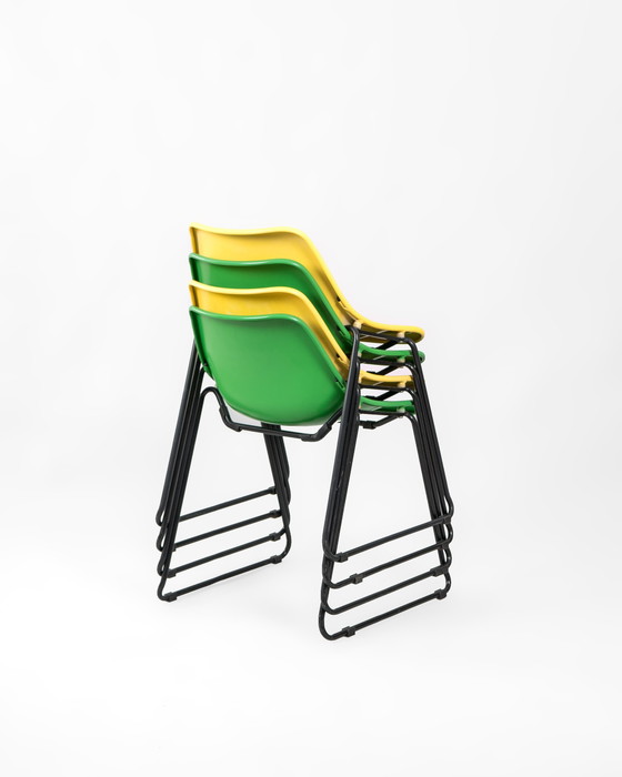 Image 1 of 4 X Green And Yellow Stackable Chairs Made Of Iron