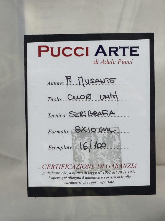 Image 1 of Sérigraphie de Francesco Musante, 8 x 10 cm, cœurs entrelacés, encadrée

